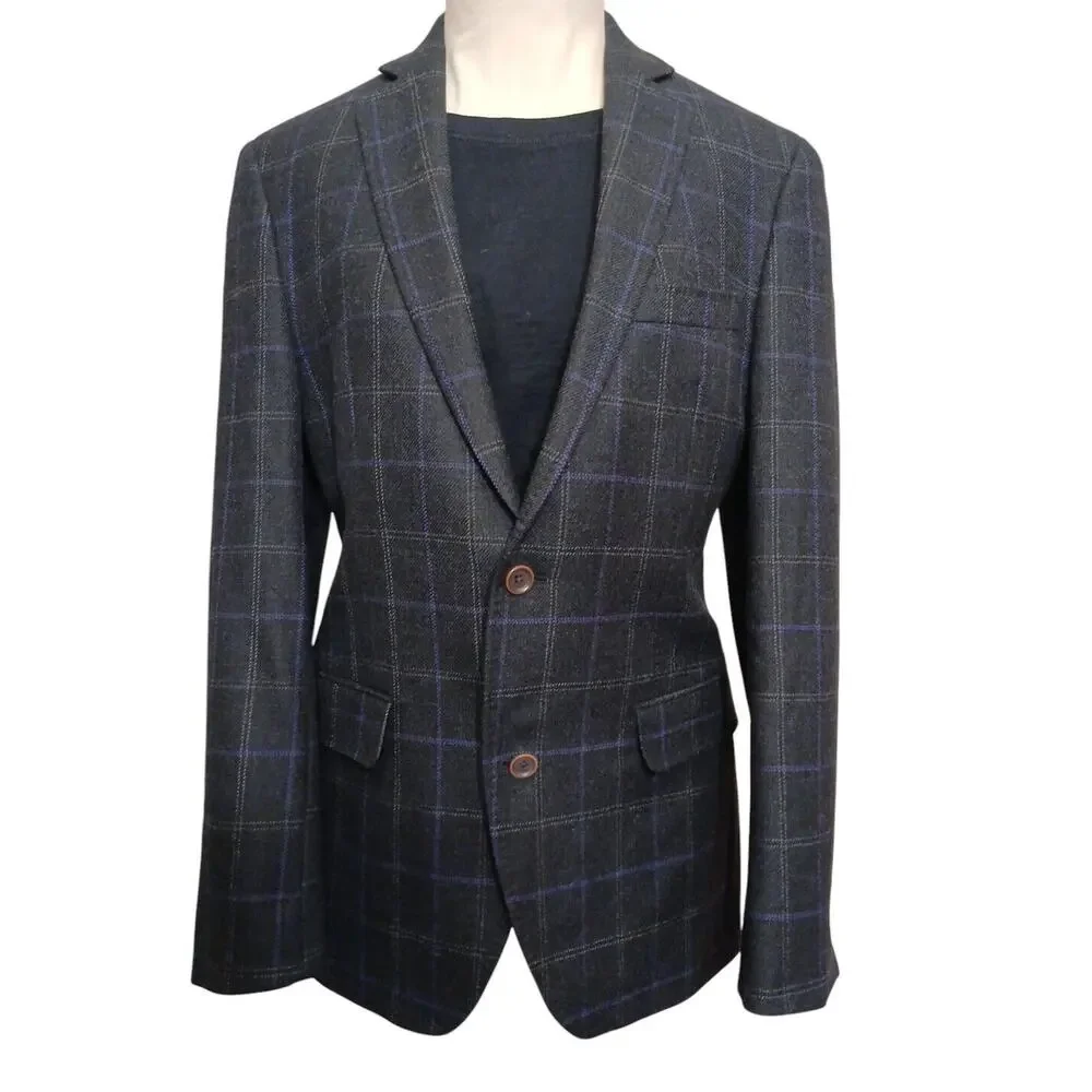 Tallia Men's Slim Fit WOOL Blend Sport Coat Sz 40 Black Plaid Jacket Macy's $295